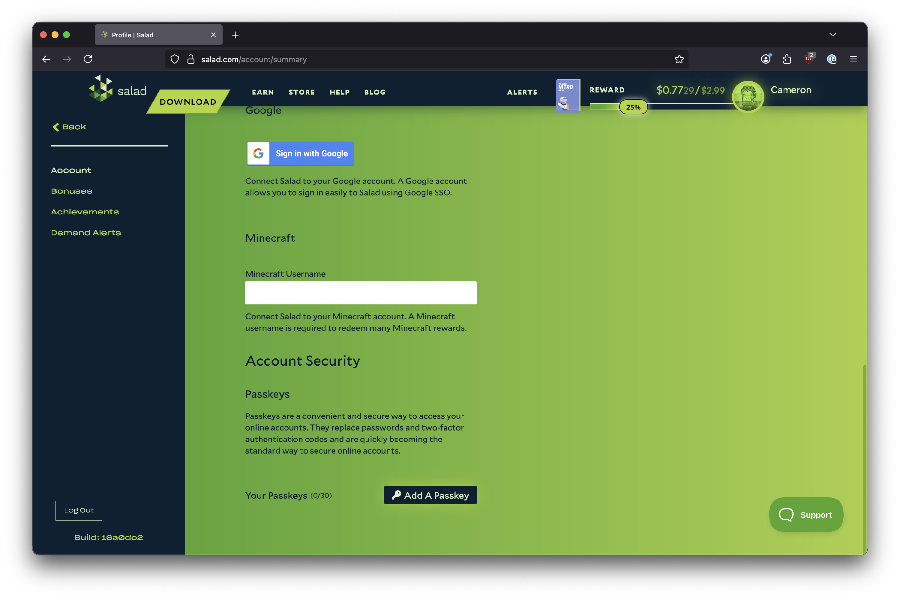 Screenshot of the Salad profile settings in a web browser showing the Passkeys option