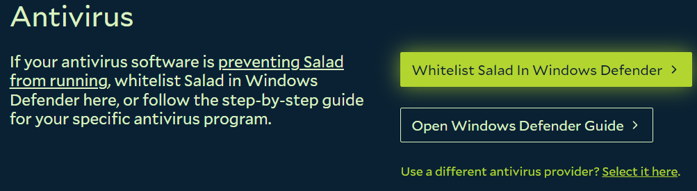 Salad Settings showing antivirus options