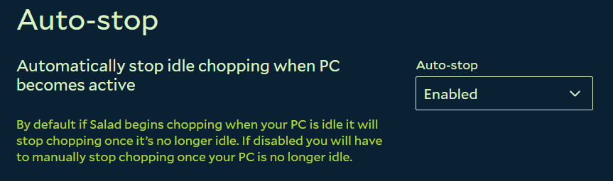 Salad Settings showing auto stop options