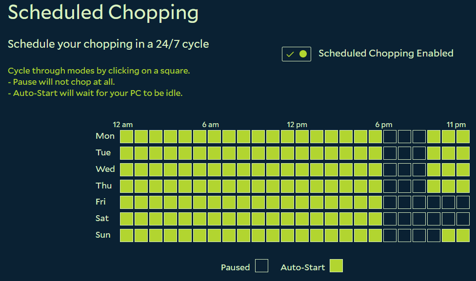 Salad Settings showing schedule choping settings
