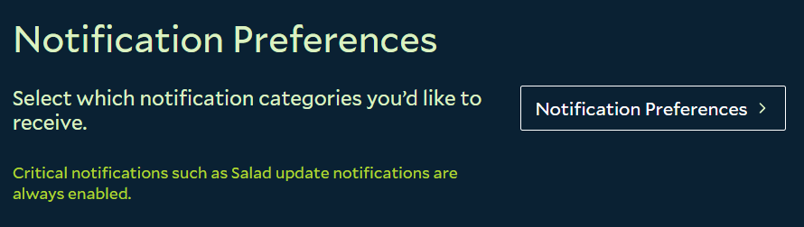 Salad Settings showing notification options