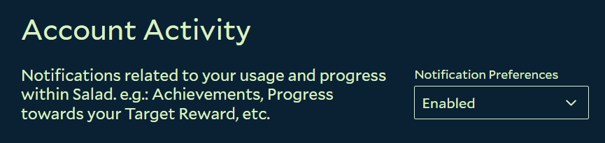 Salad Settings showing accout notification options