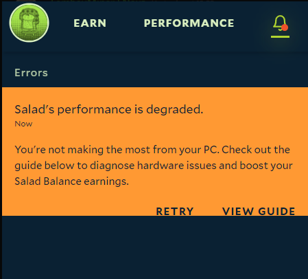 example screenshot of an error in the salad app